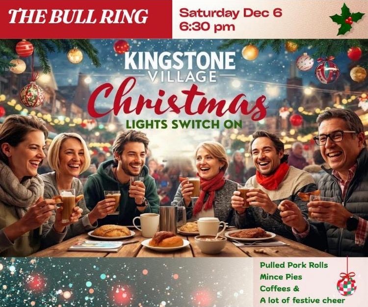 Six people enjoying drinks and food in christmas surroundings